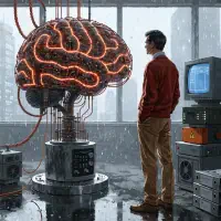 A glowing, intricate brain model connected with cables runs inside a lab, while a man in glasses observes it, reflecting the brain’s slowed processing pace.