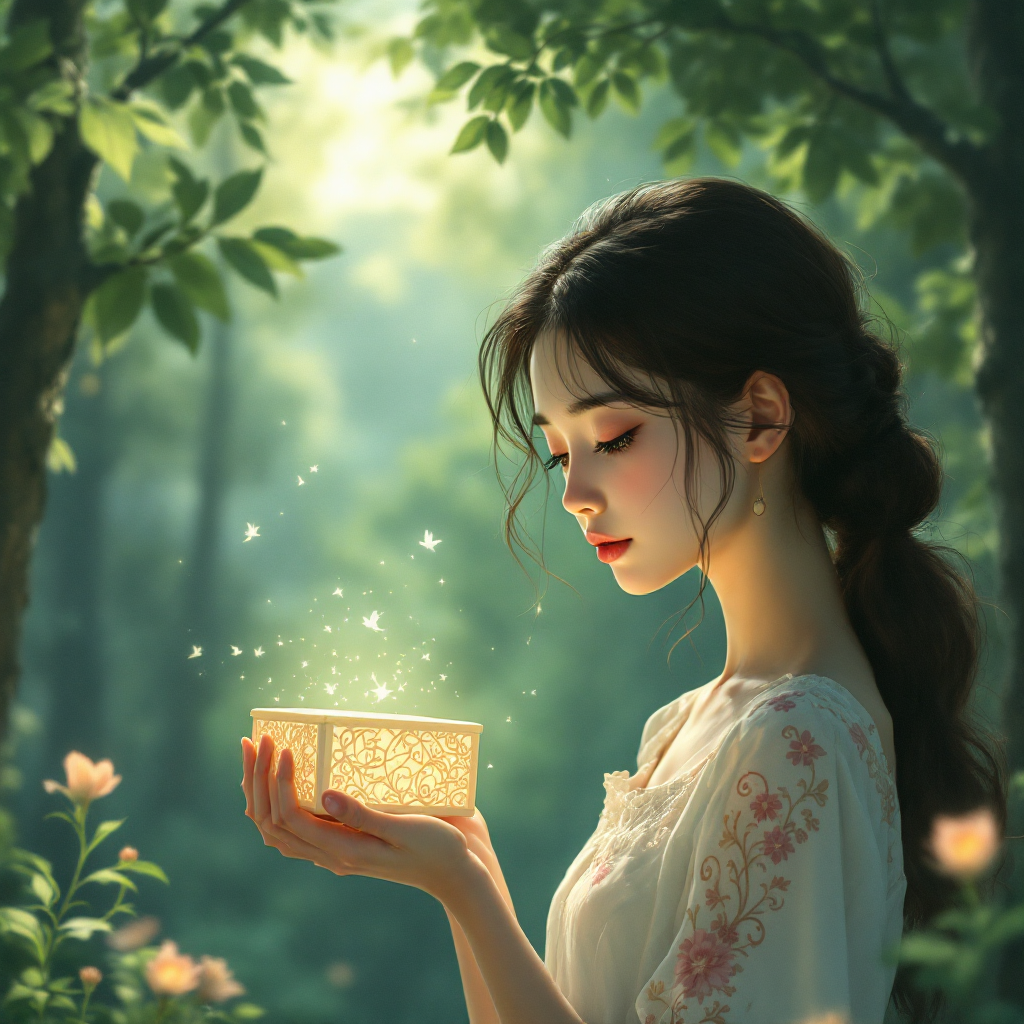 A young woman in a softly lit forest gently holds a glowing box, surrounded by greenery and delicate flowers, embodying the fragility of truth, as noted in the quote about lies.