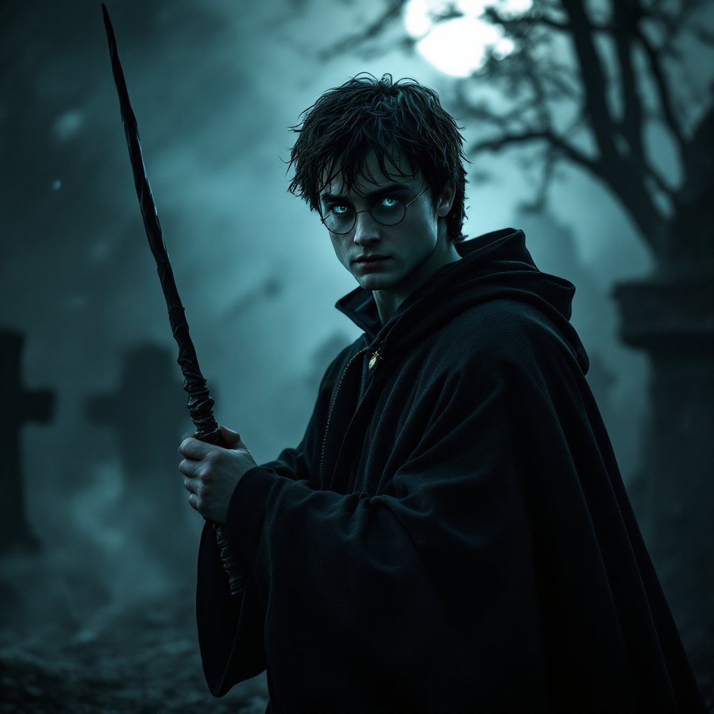 A young wizard in a dark hooded cloak stands in a misty graveyard, holding a wand, embodying the theme of mastery over death from the quote about Harry and the Hallows.