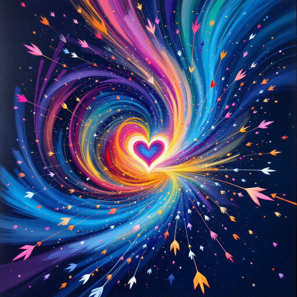 A vibrant swirl of colors radiates from a glowing heart at the center, surrounded by arrows, symbolizing love as a powerful, transformative force.