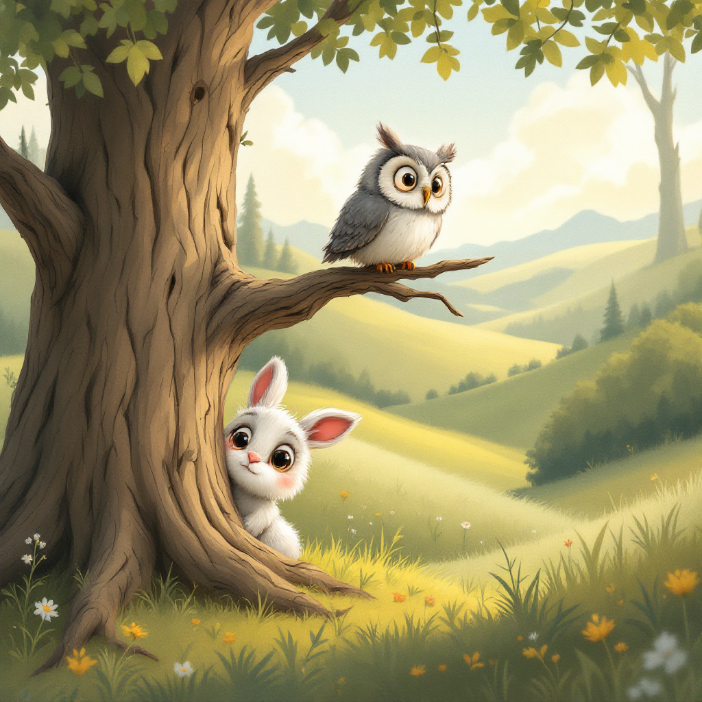 A cute rabbit peeks from behind a tree while an owl watches from a branch, set against a serene landscape of rolling hills and vibrant greenery, embodying the fragile bond of trust in nature.