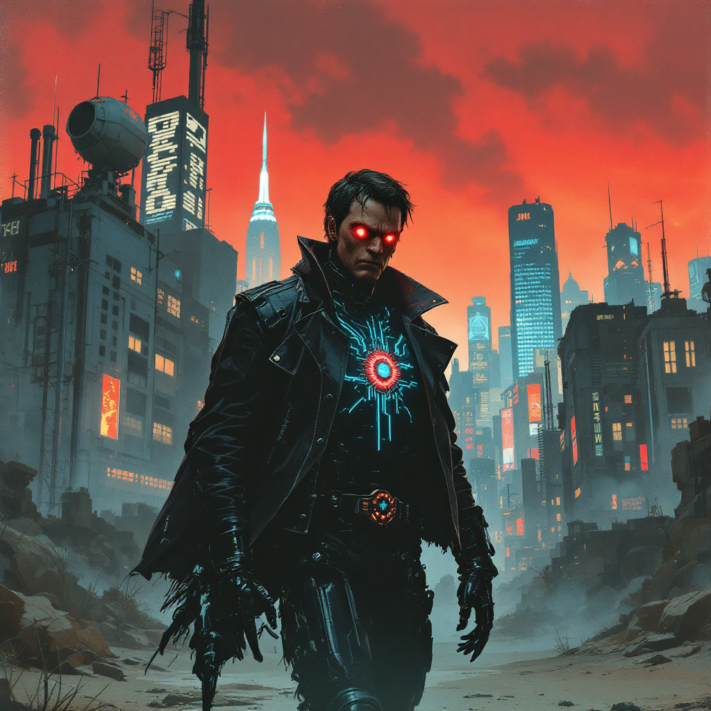 A dark figure with glowing eyes stands amidst a dystopian cityscape, embodying the struggle of becoming what one despises for survival, under a dramatic red sky.