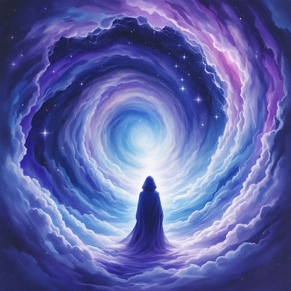 A figure cloaked in blue sits amid swirling cosmic clouds, illuminated by a radiant light at the center, embodying the chaos and unpredictability of the universe.