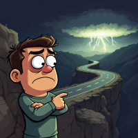 A cartoon character stands with a worried expression, pointing toward a winding road amidst dark, stormy clouds and lightning, reflecting on the importance of one's trajectory over immediate results.