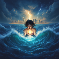 A figure emerges from turbulent waves, cradling a glowing orb, against a backdrop of a stormy sky and a distant city, symbolizing the internal struggle highlighted in the quote.