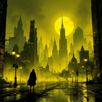 A shadowy figure stands alone in a misty, neon yellow cityscape under a large, eerie moon, capturing the essence of universal fear and solitude reflected in the quote.