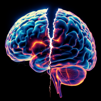 A vibrant, stylized brain split in two, depicting fragility and tension, with glowing neural connections emphasizing the theme of shattered mental states.