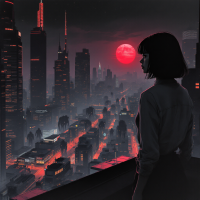 A figure stands on a balcony, gazing over a dark, neon-lit cityscape beneath a glowing red moon, embodying the tension of facing hidden fears illuminated by light.