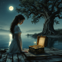 A young girl sits by a moonlit lake, gazing thoughtfully at an open treasure chest emitting a soft glow, symbolizing the deep connection between past memories and the present.