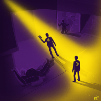 Shadowy figures with target marks stand and sit in a dark space as a sharp yellow beam cuts through, symbolizing the relentless, unstoppable force of Grey consuming memories.