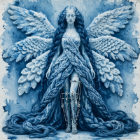 Ethereal humanoid figure with paper-thin, pearly skin, long thick hair cascading in braids and billows, plush multi-layered wings, and prosthetic scaffolding on tapered legs.