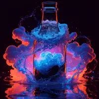 A glowing bottle with vibrant blue vapor swirling in the bottom chamber and a layer of water resting on top, surrounded by colorful, fiery reflections.