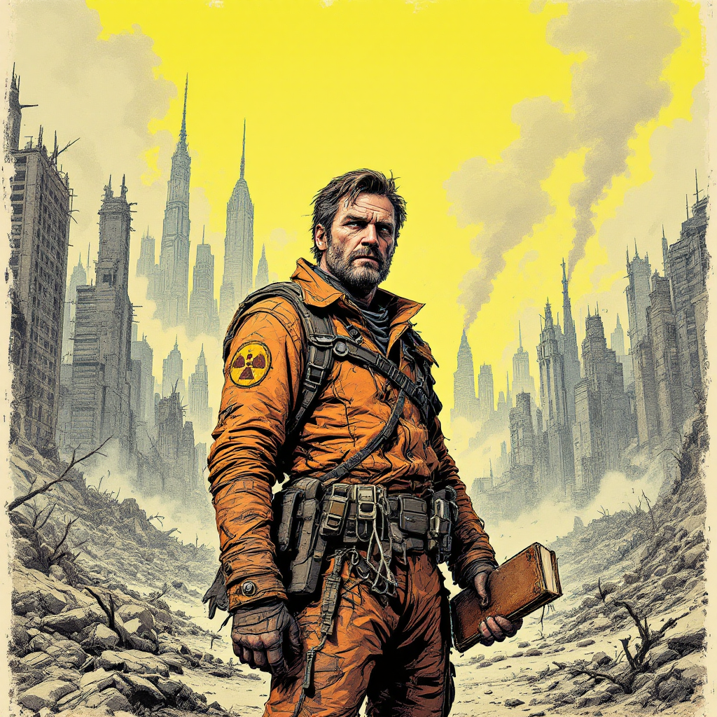 A man in an orange radiation suit stands amidst a desolate, post-apocalyptic cityscape, holding a book, embodying the disappointment of failed superpowers after massive radiation exposure.