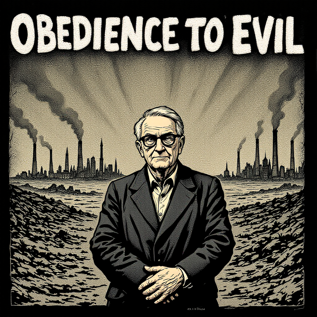 An elderly man stands in a desolate, polluted landscape, conveying a message about the dangers of placing obedience above compassion, with the phrase Obedience to Evil prominently displayed.