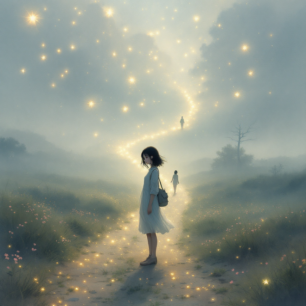 A figure stands on a winding, sparkly path in a misty landscape, embodying the journey of living and learning until one finds a meaningful path.