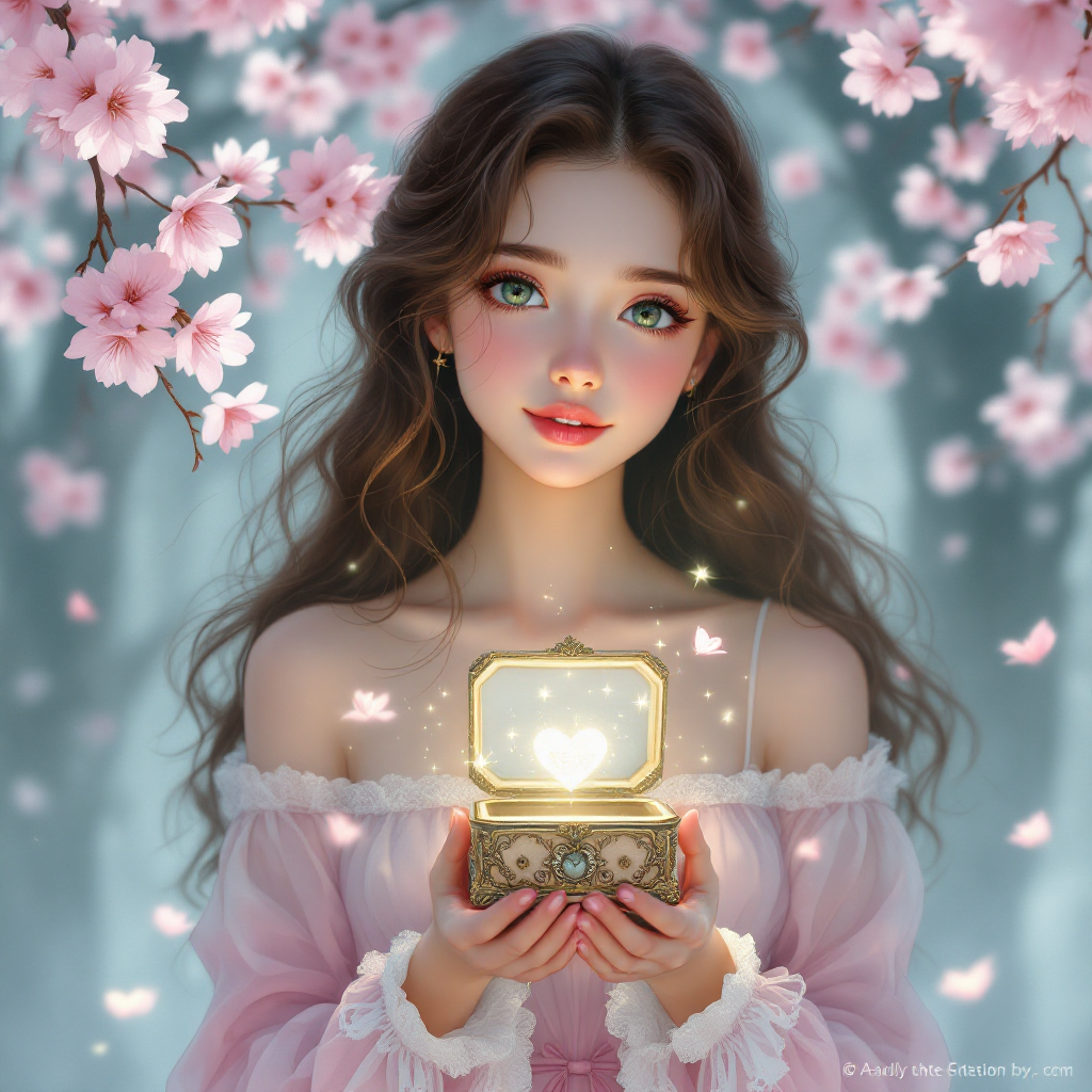 A young woman with long, flowing hair holds a shimmering chest that glows with a heart, surrounded by delicate pink blossoms, embodying the essence of treasure carried in one's heart.