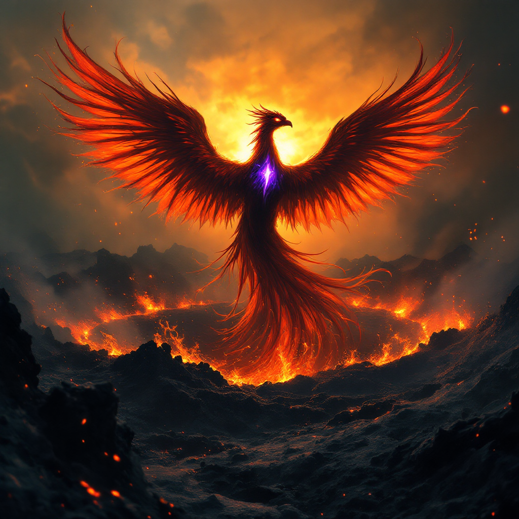 A majestic phoenix rises from fiery ashes, its vibrant wings spread wide against a glowing sunset, symbolizing strength and renewal from adversity.