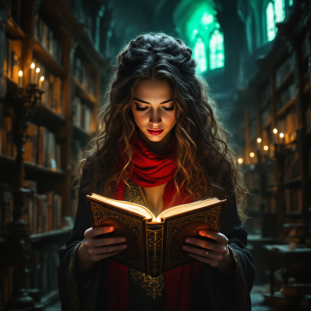 A young woman with long, wavy hair, illuminated by candlelight, reads an ancient book in a dimly lit library, surrounded by towering shelves filled with books, embodying the weight of knowledge.