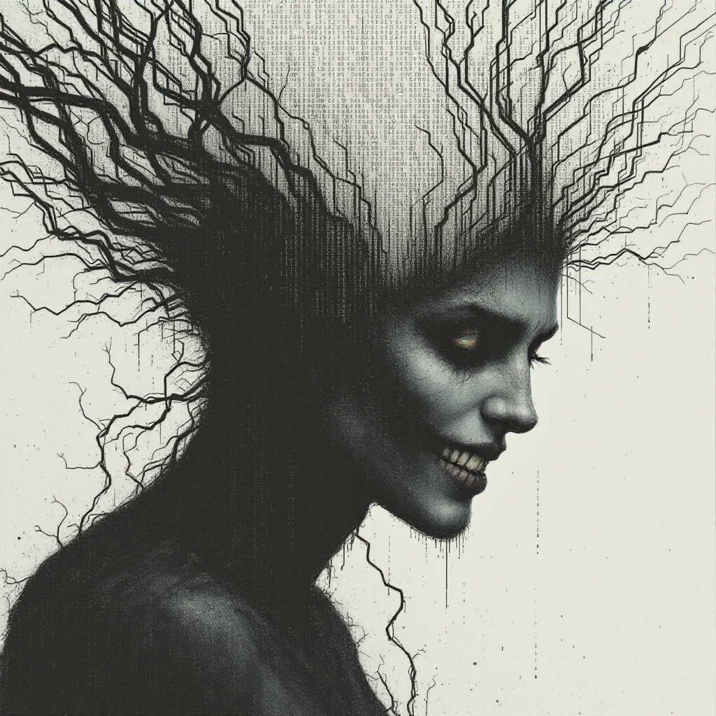 A dark, abstract portrait of a woman with tangled branches resembling hair, symbolizing the complex interplay between human creativity and unintended consequences.