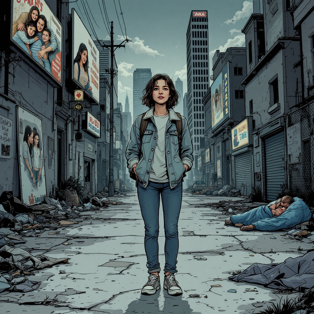 A young woman stands confidently in a gritty urban alley, surrounded by advertisements and debris, embodying the quote about the influence of environment and choices.