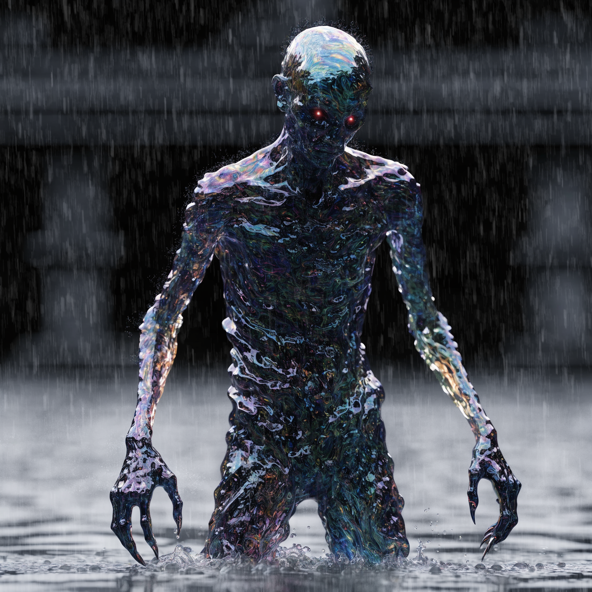 A waist-high, gaunt creature with translucent, wet skin and glowing red eyes emerges from dark water amidst heavy rain.