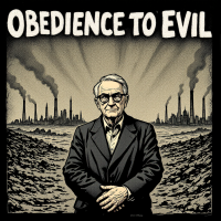 An elderly man stands in a desolate, polluted landscape, conveying a message about the dangers of placing obedience above compassion, with the phrase Obedience to Evil prominently displayed.