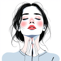 A serene illustration of a young woman with closed eyes and soft features, her hands pressed together in contemplation, embodying the essence of mindfulness and introspection.