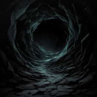 A dark, winding tunnel stretches into an abyss, its rocky edges illuminated by faint, eerie light, evoking the terrifying potential of hidden nightmares in the universe.