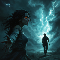 A dark, stormy scene features a woman with glowing eyes reaching out, while a man walks towards her, embodying the intertwining madness and reason in love.