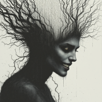 A dark, abstract portrait of a woman with tangled branches resembling hair, symbolizing the complex interplay between human creativity and unintended consequences.