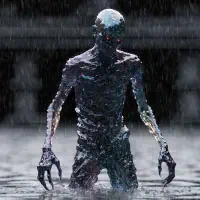 A waist-high, gaunt creature with translucent, wet skin and glowing red eyes emerges from dark water amidst heavy rain.