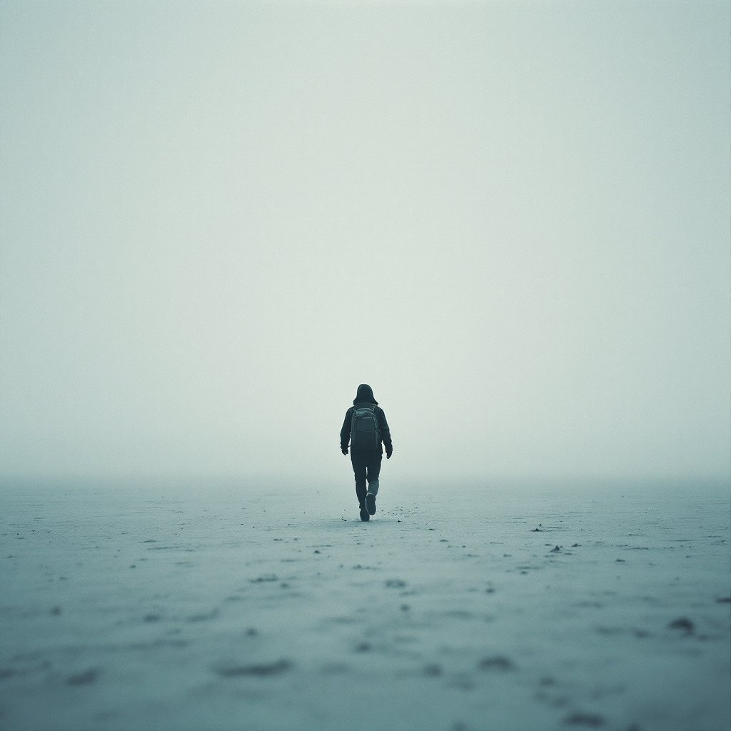 A solitary figure walks away in a misty landscape, embodying the themes of fear and cowardice reflected in the quote about running from Assef.