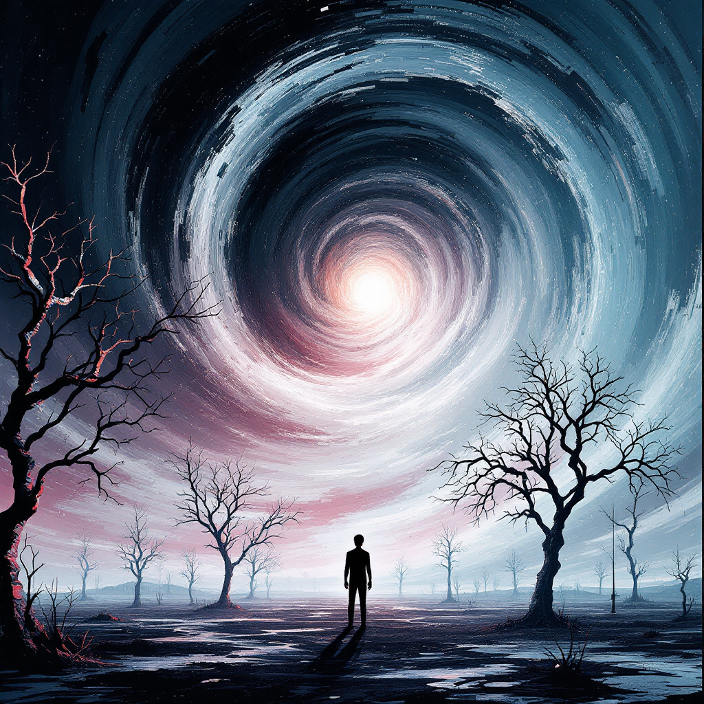 A lone figure stands in a desolate landscape under a swirling sky, embodying the struggle to find peace, as barren trees stretch towards the cosmic vortex above.