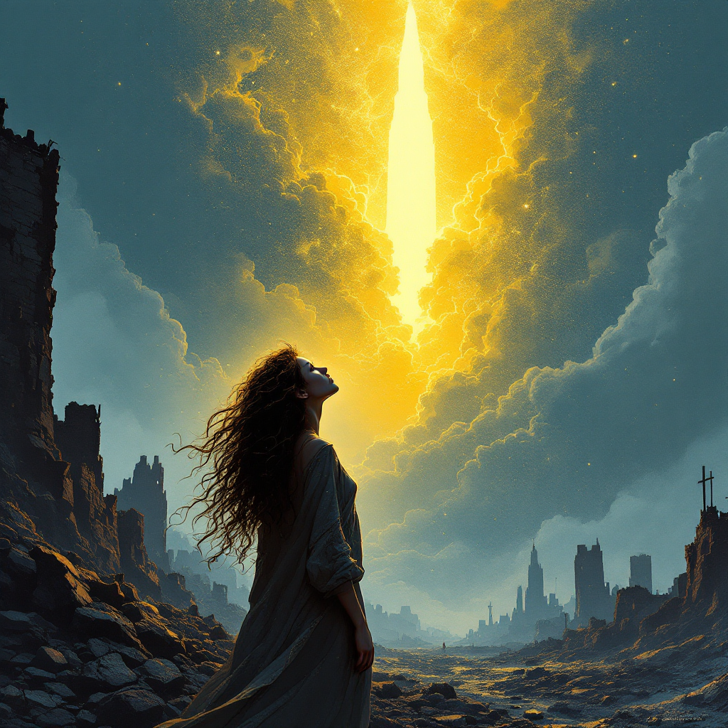 A woman stands amid ruins, gazing up at a radiant beam of light piercing through dark clouds, symbolizing hope emerging from despair.