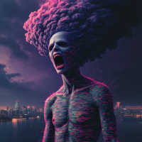 A tormented figure with a cloud-like hair screams against a dramatic urban backdrop, embodying the quote: The only thing worse than fear is giving into it.