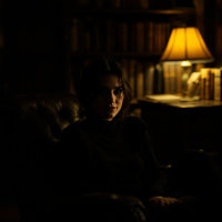 A woman sits thoughtfully in a dimly lit room, highlighting the contrast between her contemplative expression and the shadows around her, embodying the quote about secrets shaping identity.