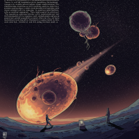 A vast, glowing network of interconnected, cell-like replicators drifts through space above a barren landscape under a star-filled sky.