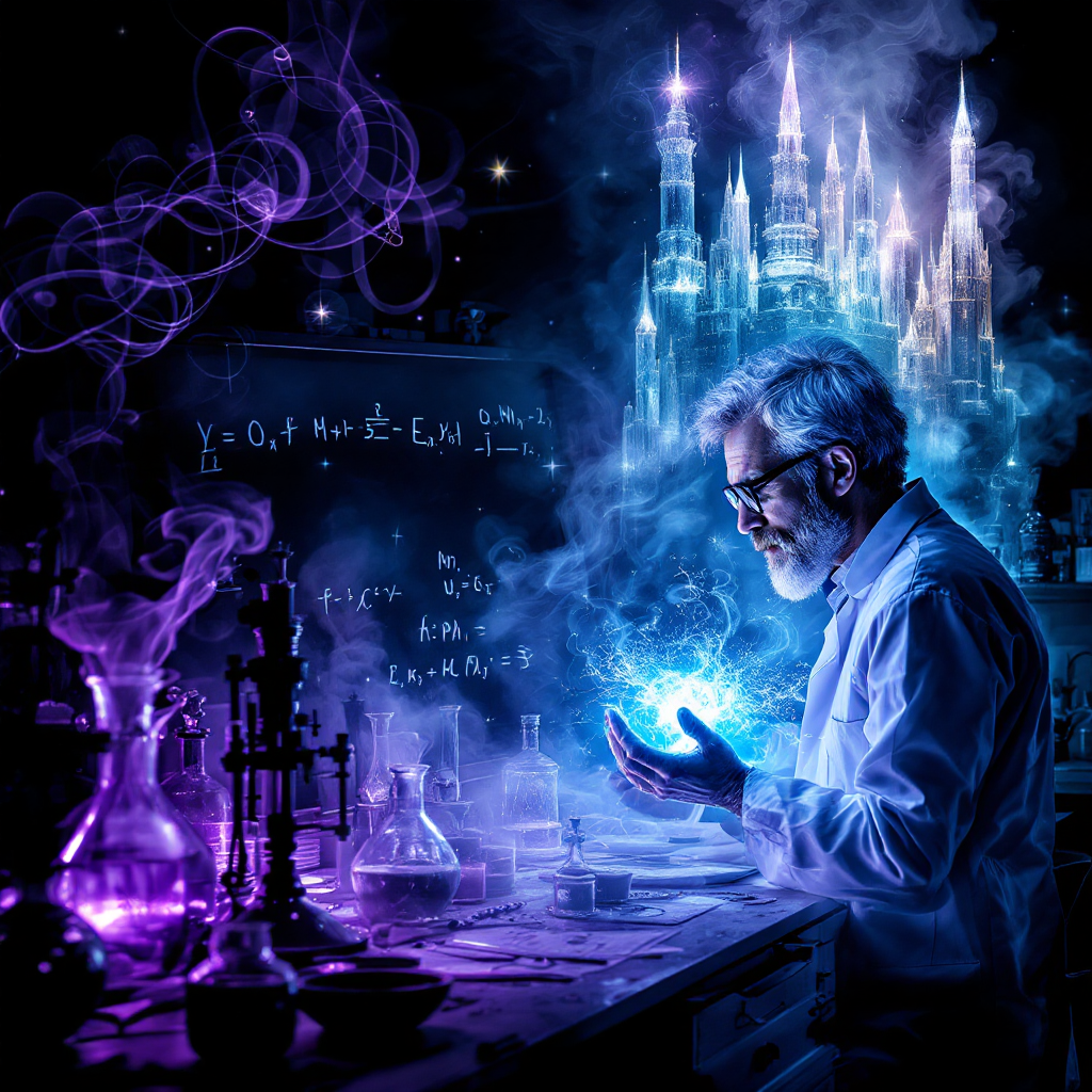 A scientist, surrounded by glowing potions and complex equations, conjures a magical blue energy in a mystical lab with a castle backdrop, embodying the quote, Magic is just science that we don’t understand yet.