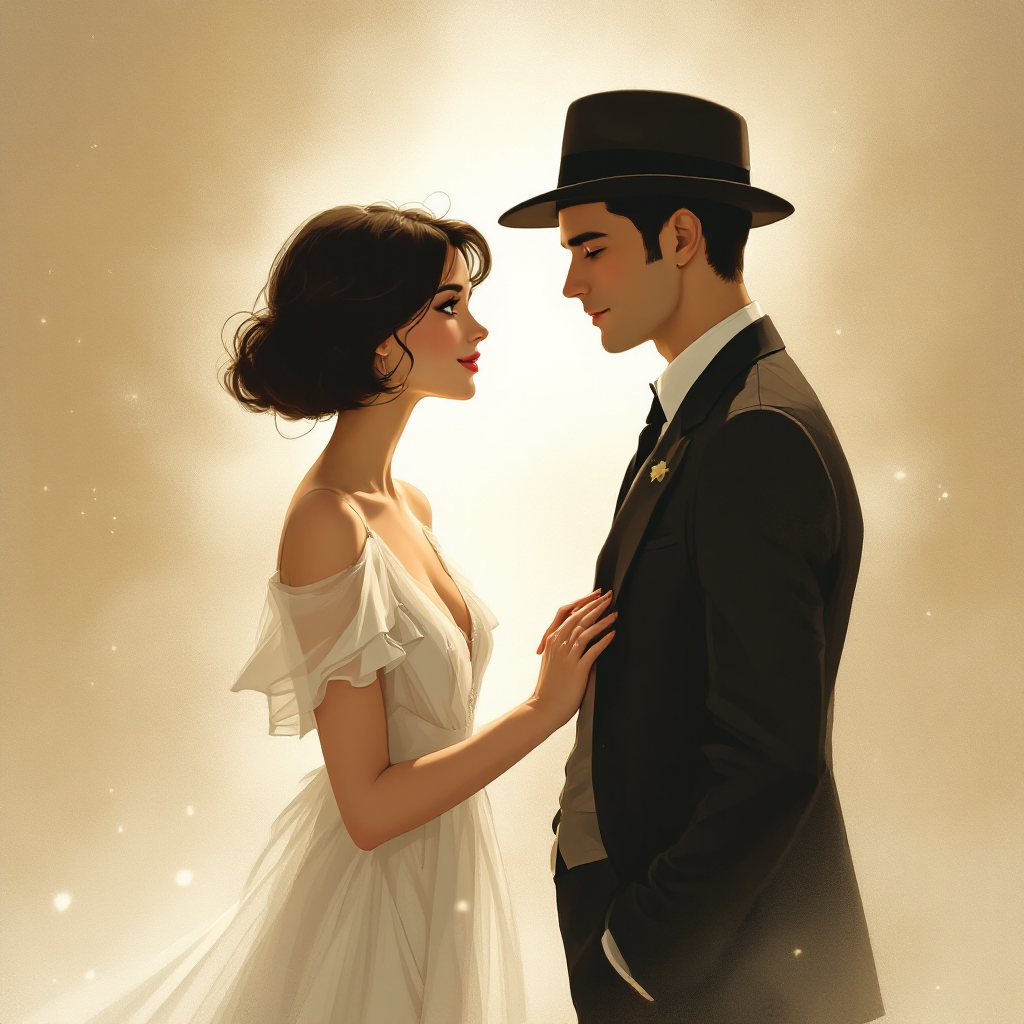 A couple gazes into each other's eyes, embodying timeless love, with the woman in a flowing white dress and the man in a suit and hat, set against a warm, glowing background.