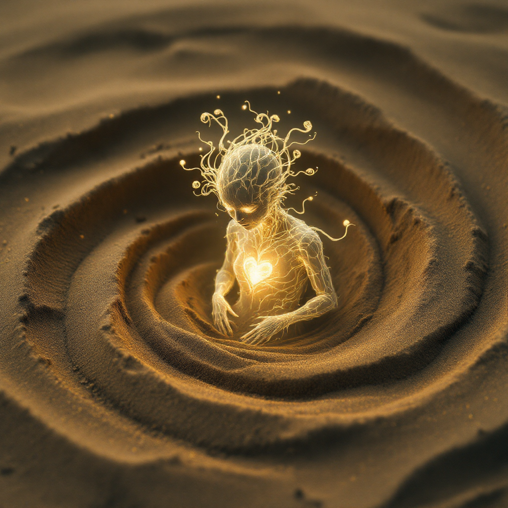 An ethereal figure sits within a spiraling sandy pattern, glowing faintly with a heart-shaped light, symbolizing the inner turmoil of doubt as it spreads like a disease.