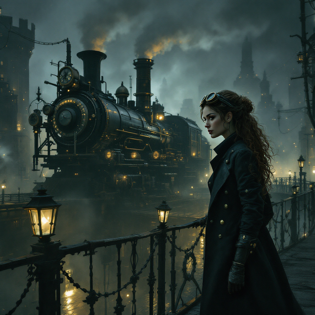 A woman in a dark, elegant coat stands by a dimly lit street, gazing at a steam train emerging from swirling mist, evoking a sense of chaos and the unknown.