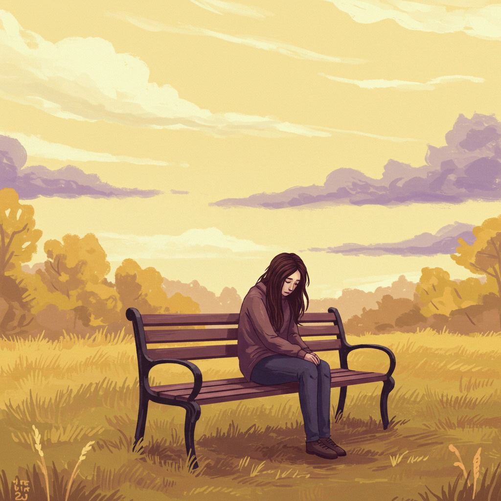 A person sits alone on a bench in a quiet, golden field under a cloudy sky, embodying a deep sense of loneliness and depression.