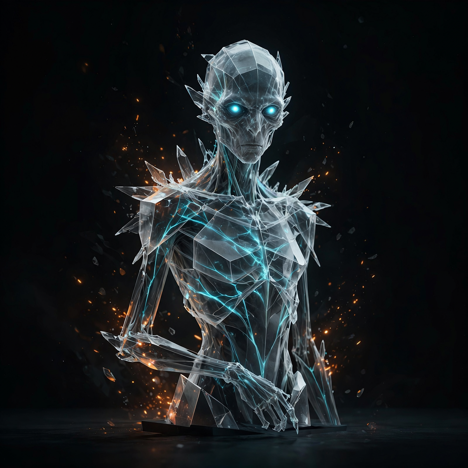 A waist-high, gaunt creature with translucent, crystalline skin and glowing blue eyes, emanating a faint fiery aura against a dark background.