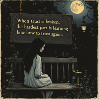 A lone figure sits on a bench under a full moon, contemplating the quote about the difficulty of rebuilding trust after it has been broken, surrounded by a dark, tranquil night scene.