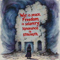 A hooded figure stands before a crumbling wall, inscribed with the paradoxical phrases: War is peace. Freedom is slavery. Ignorance is strength, set against a swirling, dark sky.