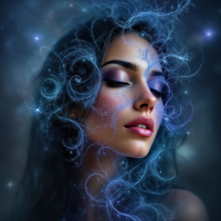 A serene woman closes her eyes amidst a swirl of ethereal blue tendrils and stars, embodying the essence of the quote about secrets shaping our identity.