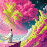 A figure in a flowing white garment stands on a cliff, gazing at vibrant, swirling clouds of pink and green against a starry backdrop, symbolizing the pursuit of deeper truths in reality.