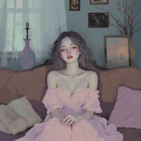 A young woman in a soft pink dress sits on a couch, her expression vacant and introspective, surrounded by a softly lit room, embodying a sense of emotional numbness.