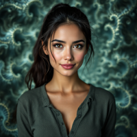 A young woman with long dark hair smiles confidently against a textured green background, embodying intelligence and wisdom in her demeanor.