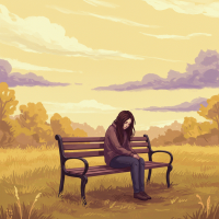A person sits alone on a bench in a quiet, golden field under a cloudy sky, embodying a deep sense of loneliness and depression.